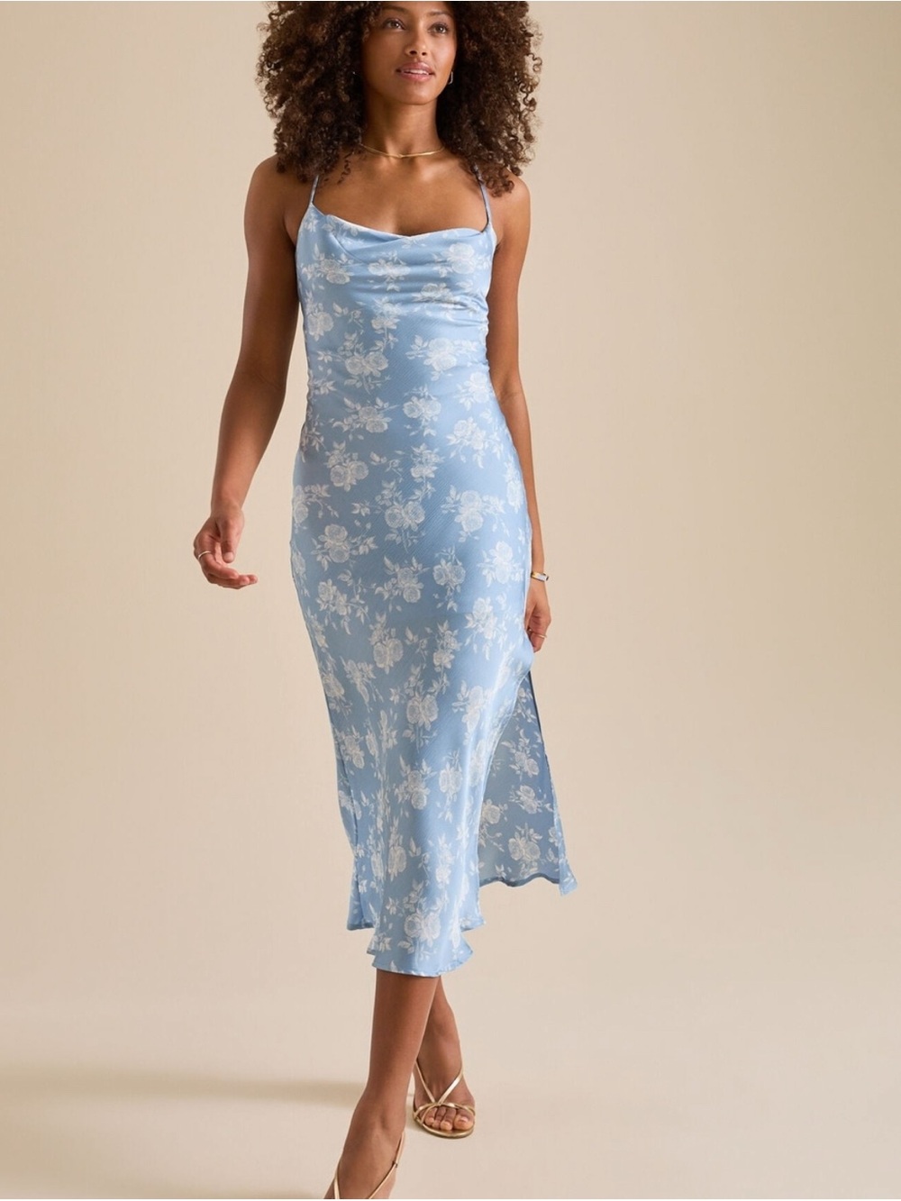 Altar'd State Codi Blue Satin Floral Cowl Neck Midi Dress XS